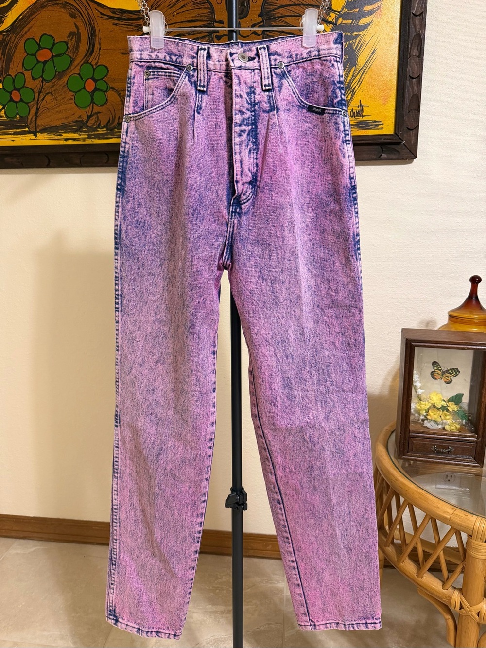 1980s Vintage Wrangler SilverLake Bareback Pink Acid Wash Ultra High Rise Tapere